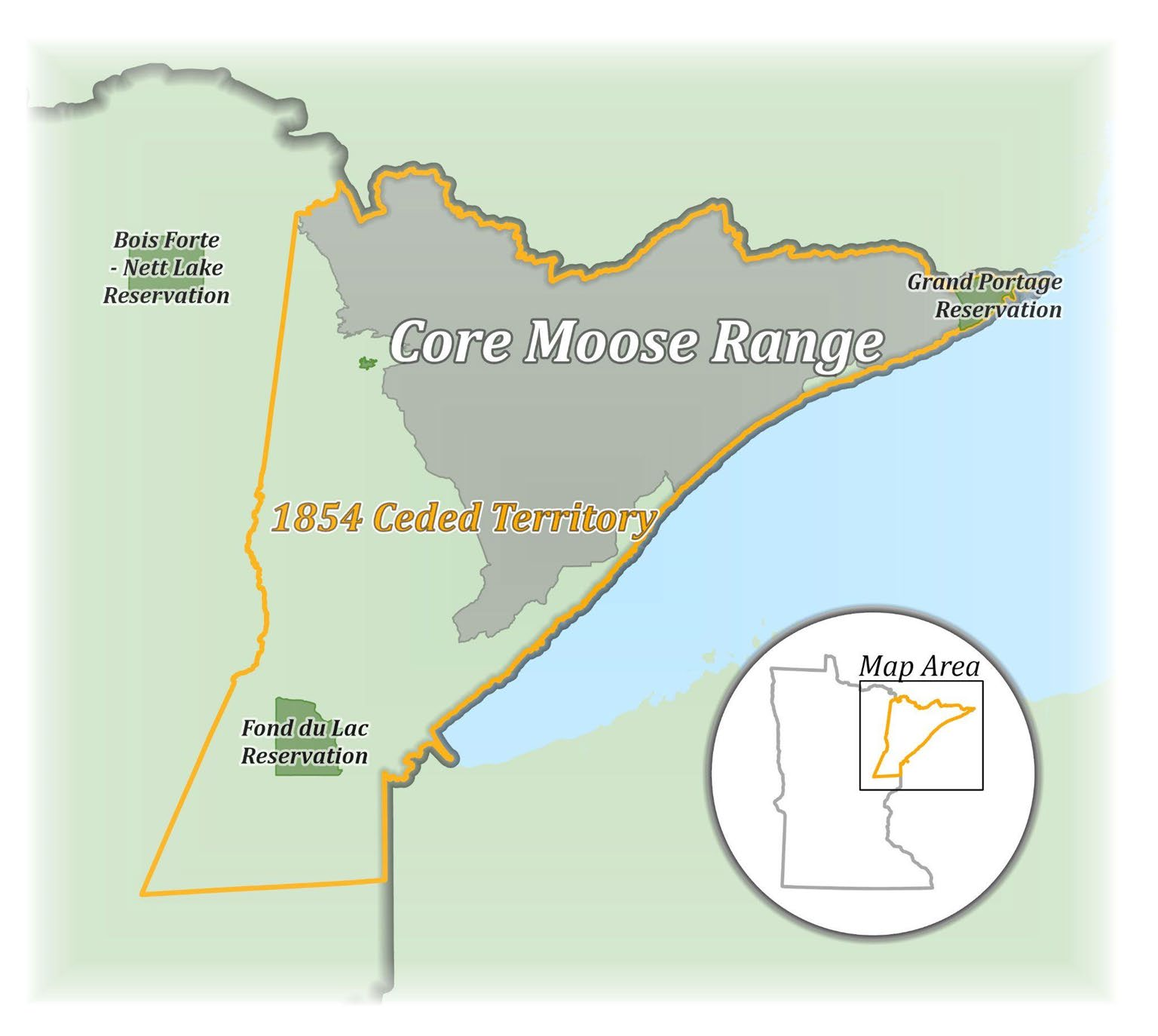 Map of northeastern Minnesota showing the core moose range and the 1854 ceded territory, with nearby reservations labeled and an inset location map.